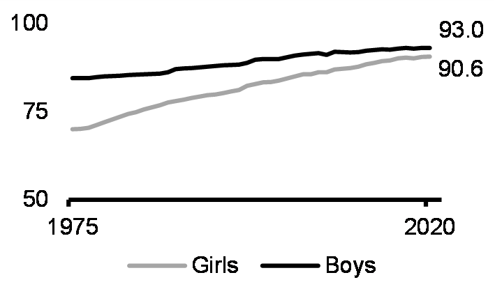 Literacy rate among youth (15-24 yrs, %, 1975-2020)