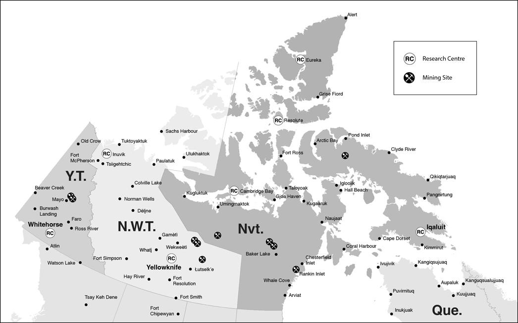 Figure 7.1: Canada's Northern  Frontier: Select Research Sites and Mining Activity