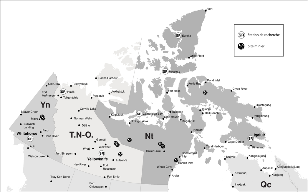 Figure 7.1 : La frontière nord du  Canada : sites de recherche et activité minière sélectionnés