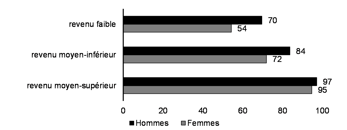 Taux de littératie des adultes par sexe et par groupe de    revenu (15 ans et plus, %, 2022 ou après)